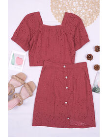 Square Neck Top & Pearl Button Eyelet Skirt Playsuit Set (Brick)